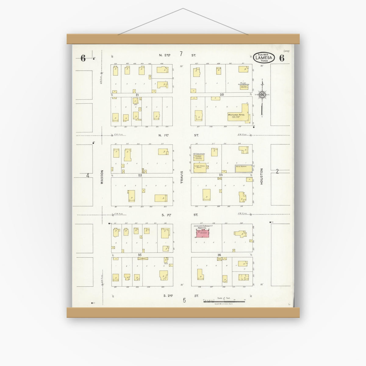 Old map wall art mockup — magnetic wood frame on white wall — Sanborn Fire Insurance Map from Lamesa, Dawson County, Texas (1925), Sheet #0006