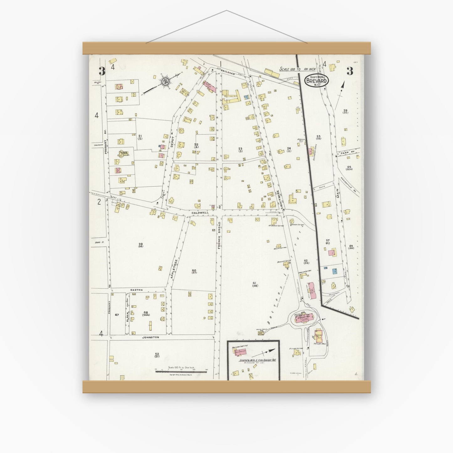 Old map wall art mockup — magnetic wood frame on white wall — Sanborn Fire Insurance Map from Brevard, Transylvania County, North Carolina (1924), Sheet #0003