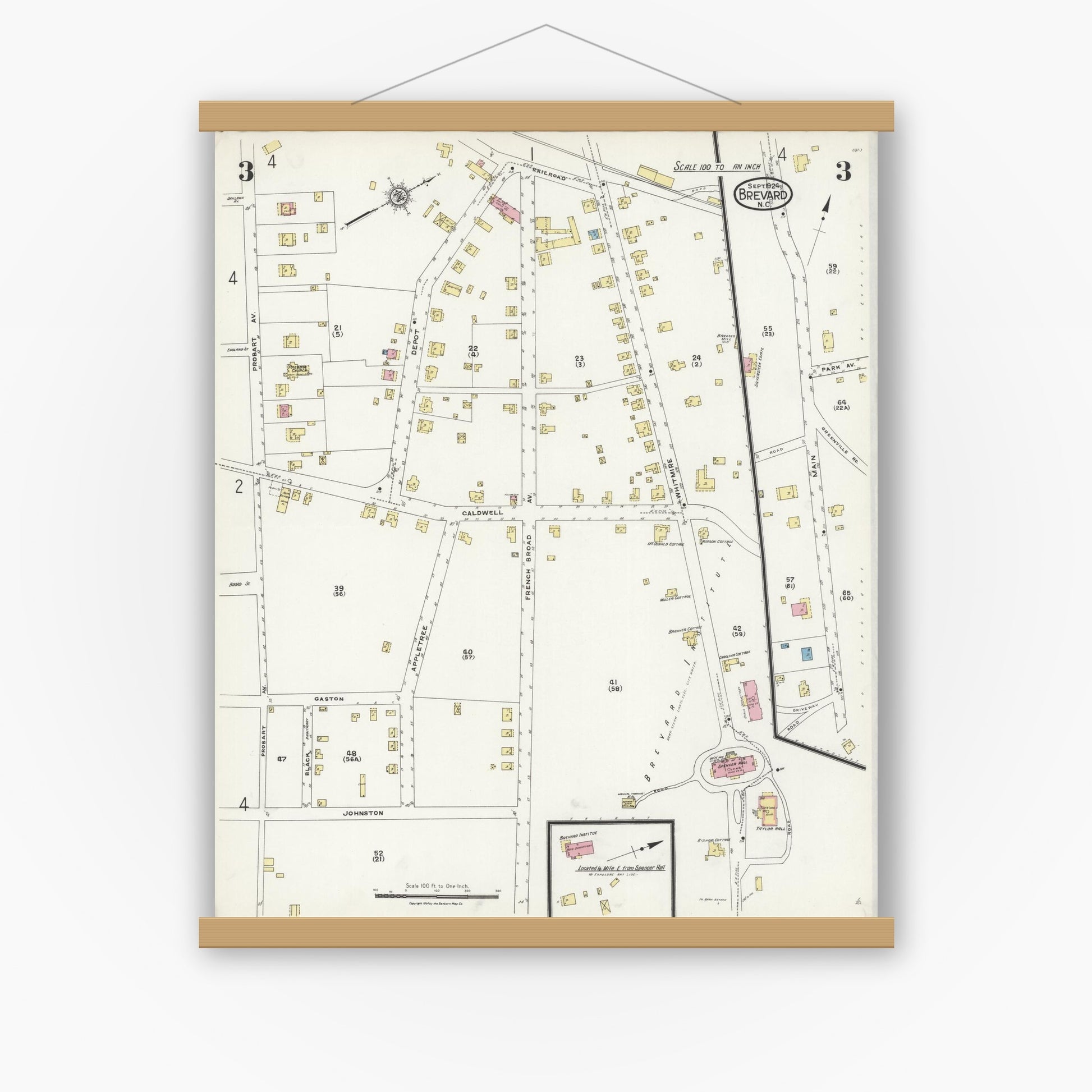 Old map wall art mockup — magnetic wood frame on white wall — Sanborn Fire Insurance Map from Brevard, Transylvania County, North Carolina (1924), Sheet #0003