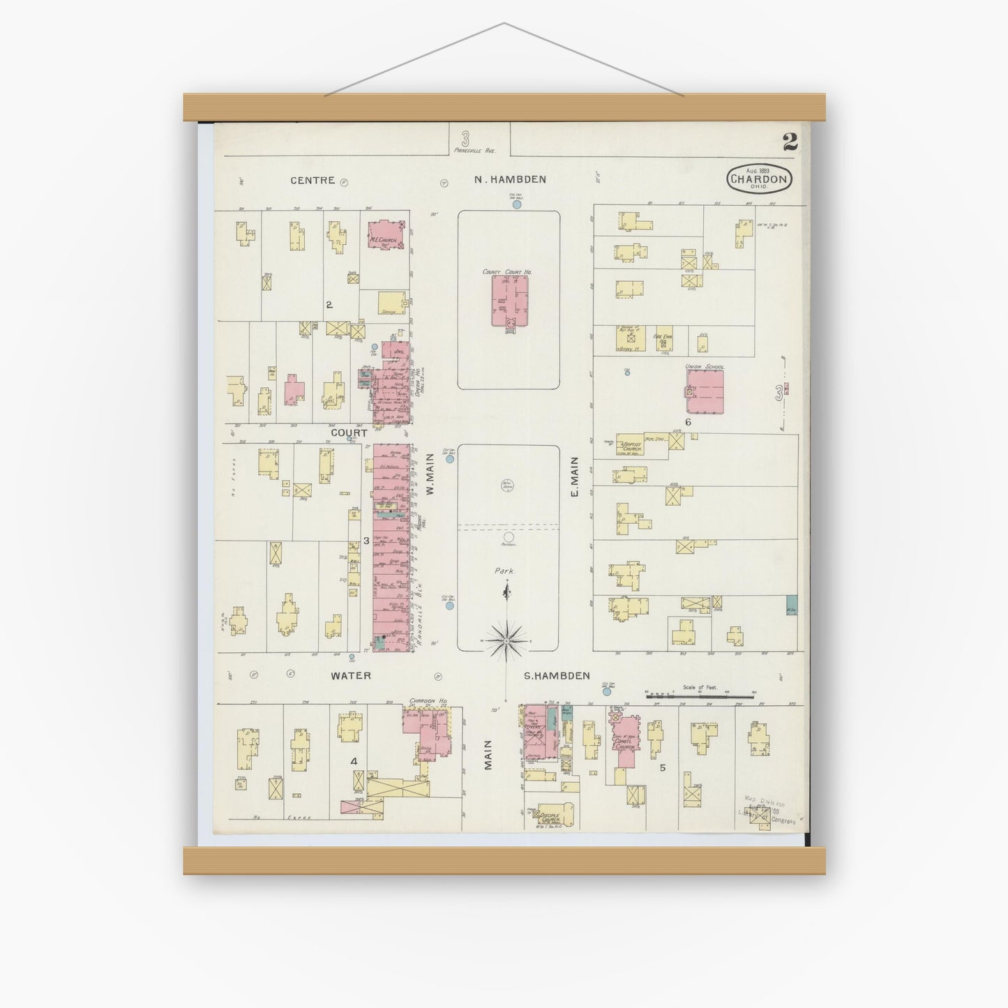Old map wall art mockup — magnetic wood frame on white wall — Sanborn Fire Insurance Map from Chardon, Geauga County, Ohio (1893), Sheet #0002