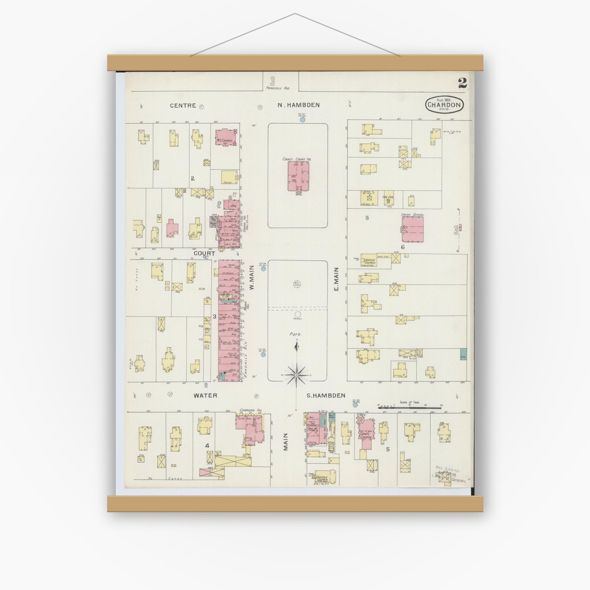 Old map wall art mockup — magnetic wood frame on white wall — Sanborn Fire Insurance Map from Chardon, Geauga County, Ohio (1893), Sheet #0002
