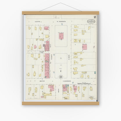 Old map wall art mockup — magnetic wood frame on white wall — Sanborn Fire Insurance Map from Chardon, Geauga County, Ohio (1893), Sheet #0002