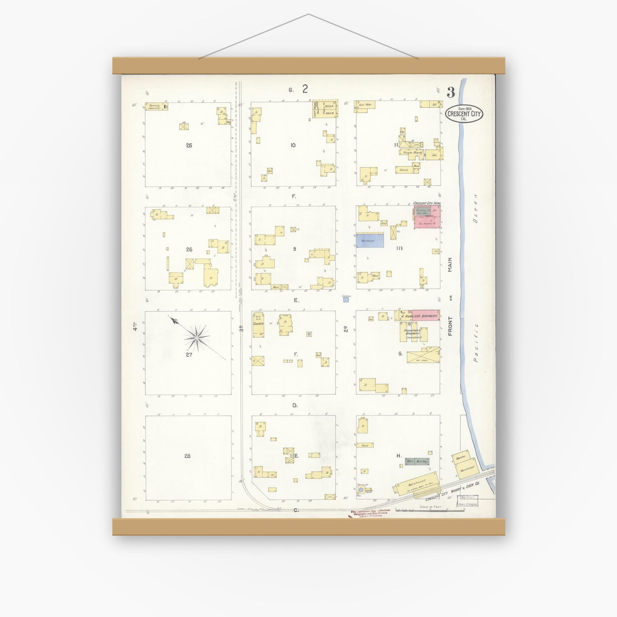 Old map wall art mockup — magnetic wood frame on white wall — Sanborn Fire Insurance Map from Crescent City, Del Norte County, California (1903), Sheet #0003