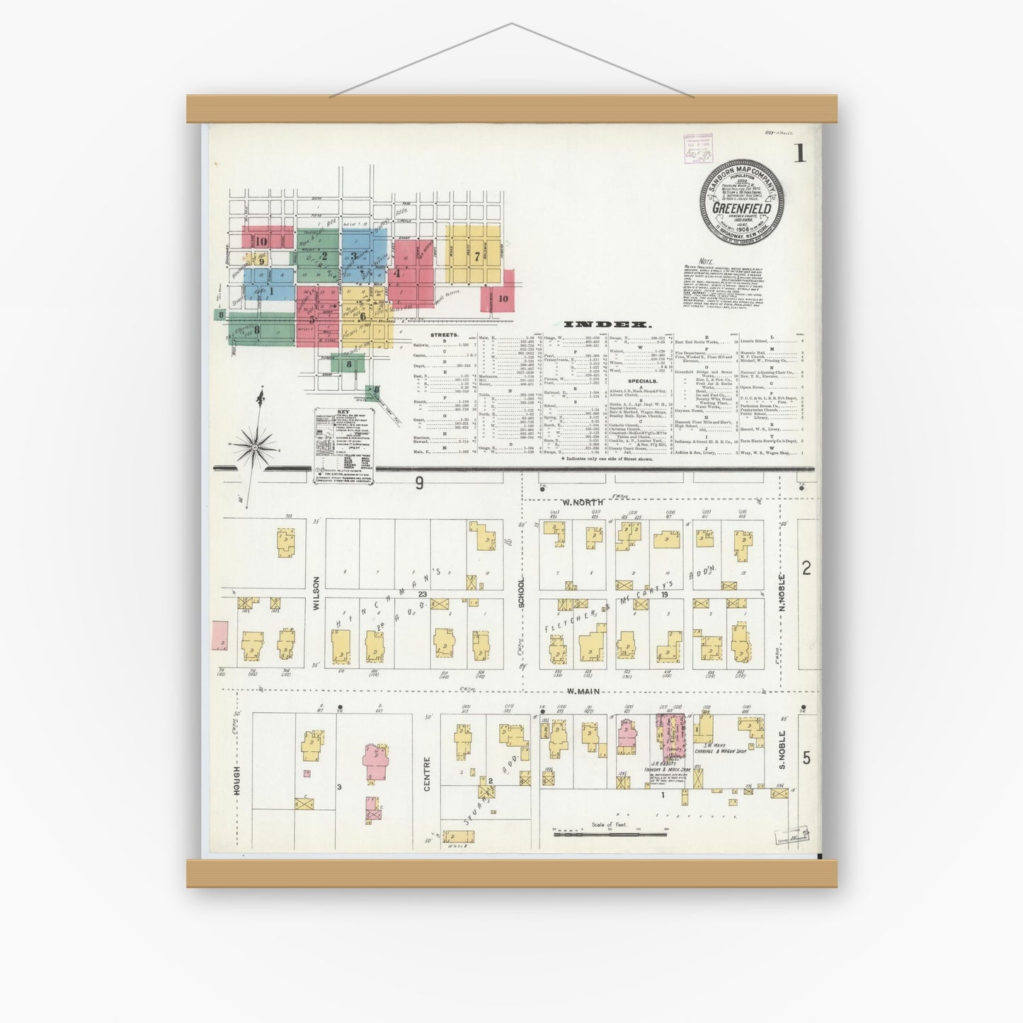 Old map wall art mockup — magnetic wood frame on white wall — Sanborn Fire Insurance Map from Greenfield, Hancock County, Indiana (1906) - Complete Map Set