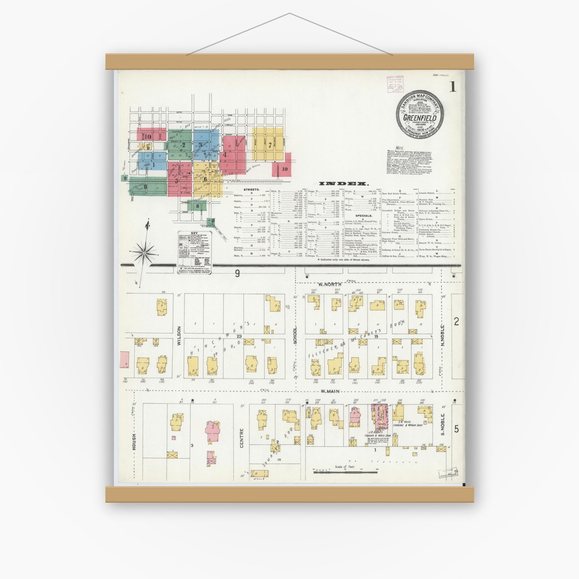 Old map wall art mockup — magnetic wood frame on white wall — Sanborn Fire Insurance Map from Greenfield, Hancock County, Indiana (1906) - Complete Map Set