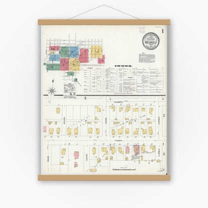 Old map wall art mockup — magnetic wood frame on white wall — Sanborn Fire Insurance Map from Greenfield, Hancock County, Indiana (1906) - Complete Map Set