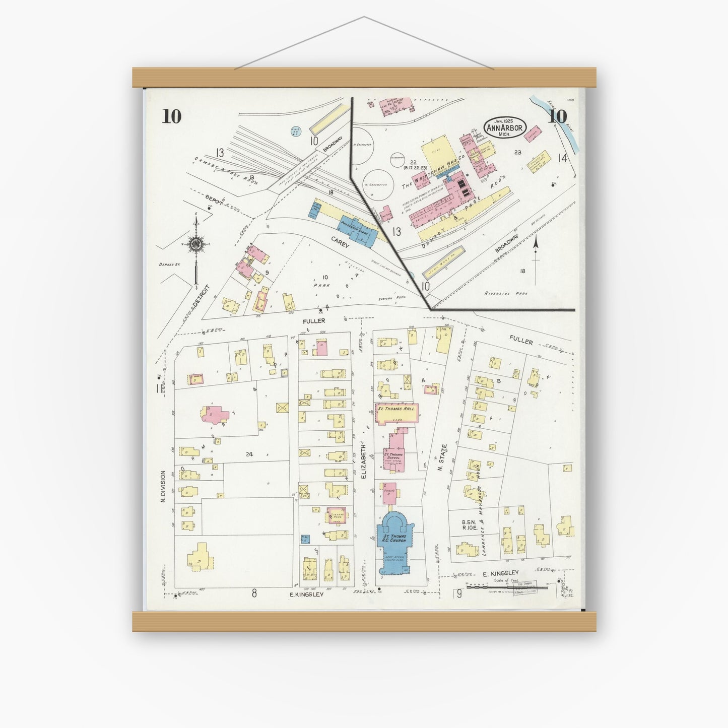 Old map wall art mockup — magnetic wood frame on white wall — Sanborn Fire Insurance Map from Ann Arbor, Washtenaw County, Michigan (1925), Sheet #0010