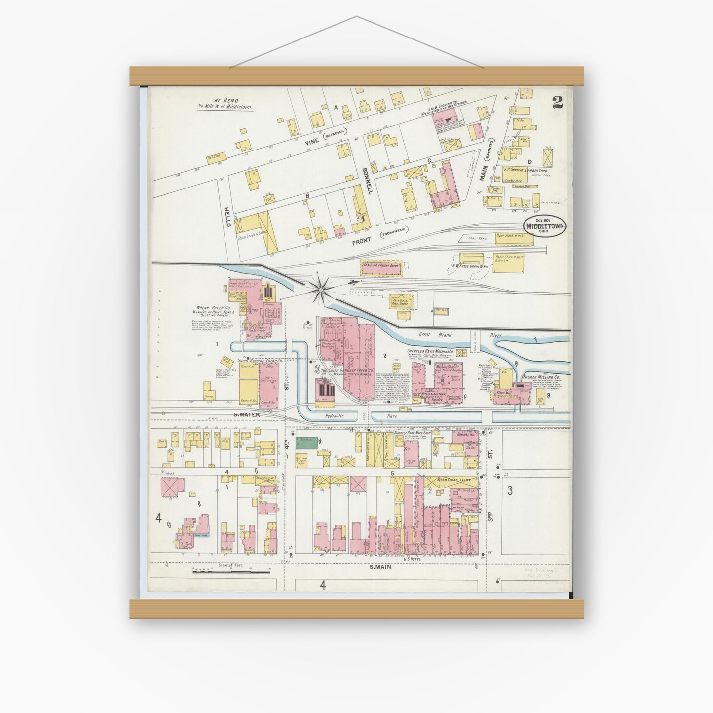 Old map wall art mockup — magnetic wood frame on white wall — Sanborn Fire Insurance Map from Middletown, Butler County, Ohio (1901), Sheet #0002