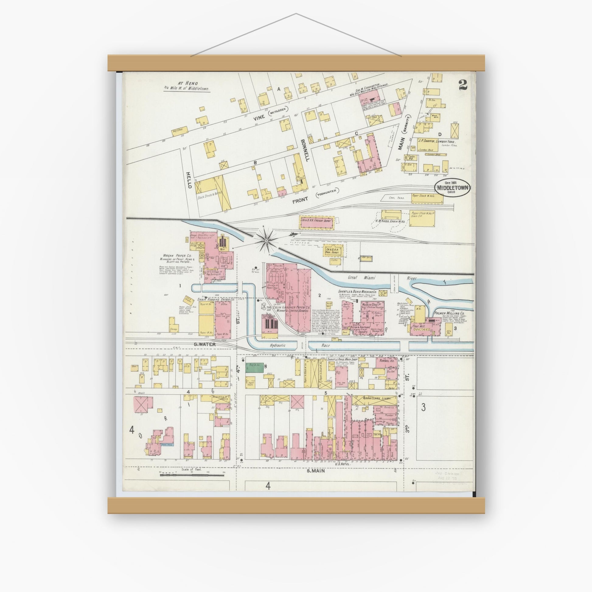Old map wall art mockup — magnetic wood frame on white wall — Sanborn Fire Insurance Map from Middletown, Butler County, Ohio (1901), Sheet #0002