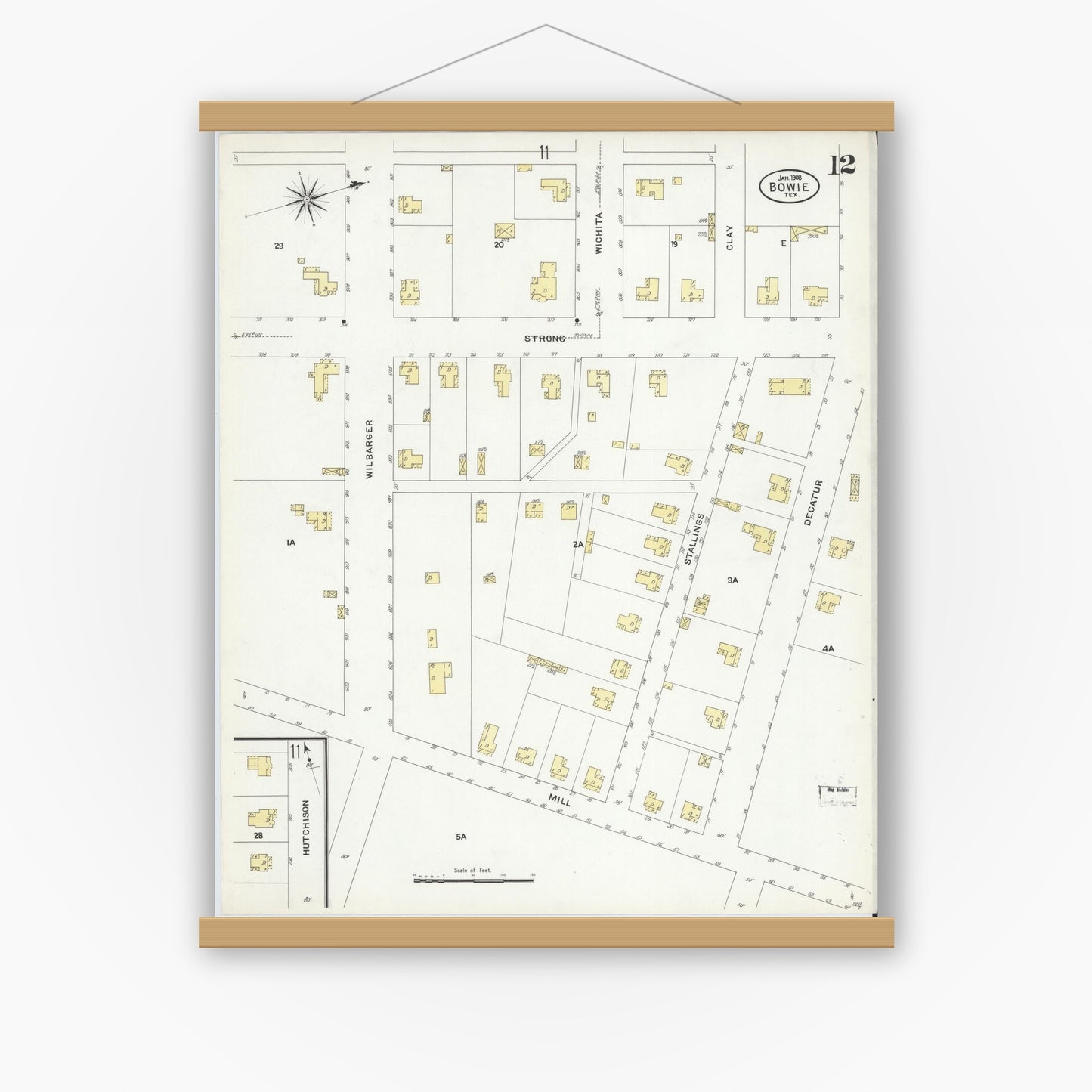 Old map wall art mockup — magnetic wood frame on white wall — Sanborn Fire Insurance Map from Bowie, Montague County, Texas (1908), Sheet #0012