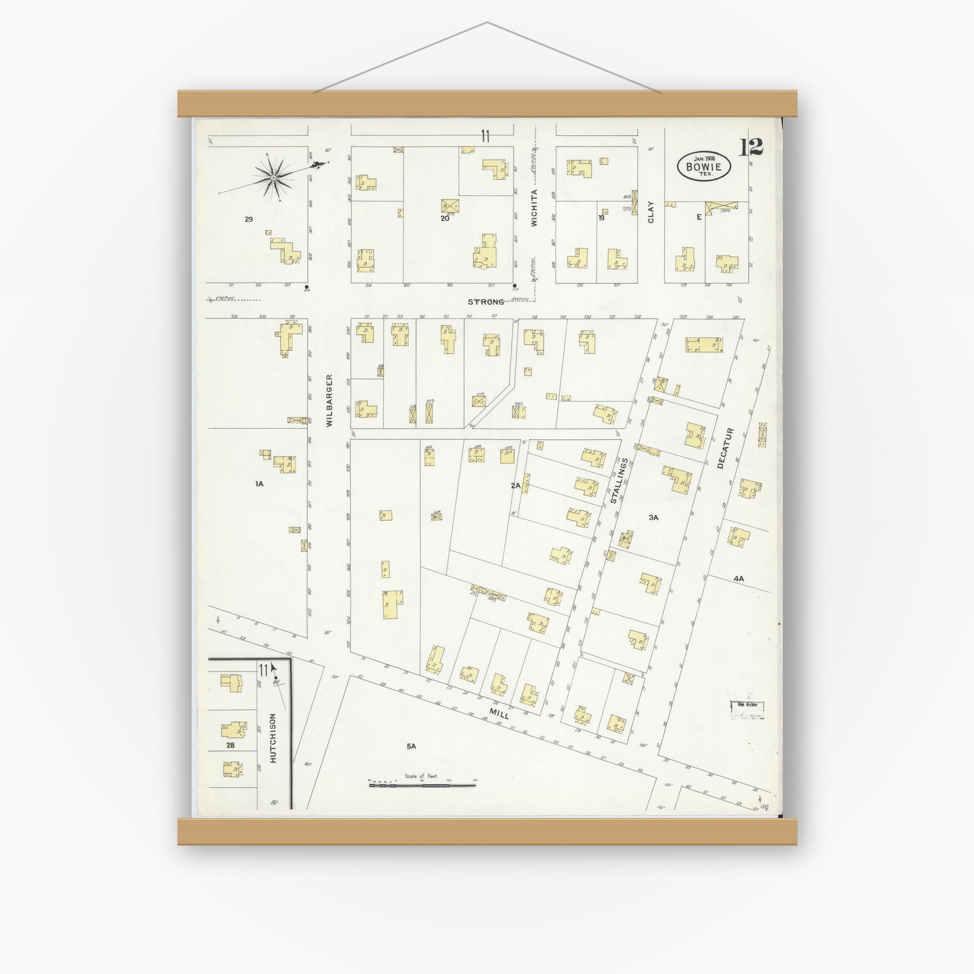 Old map wall art mockup — magnetic wood frame on white wall — Sanborn Fire Insurance Map from Bowie, Montague County, Texas (1908), Sheet #0012