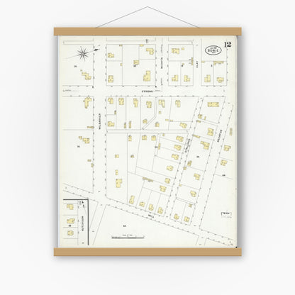 Old map wall art mockup — magnetic wood frame on white wall — Sanborn Fire Insurance Map from Bowie, Montague County, Texas (1908), Sheet #0012