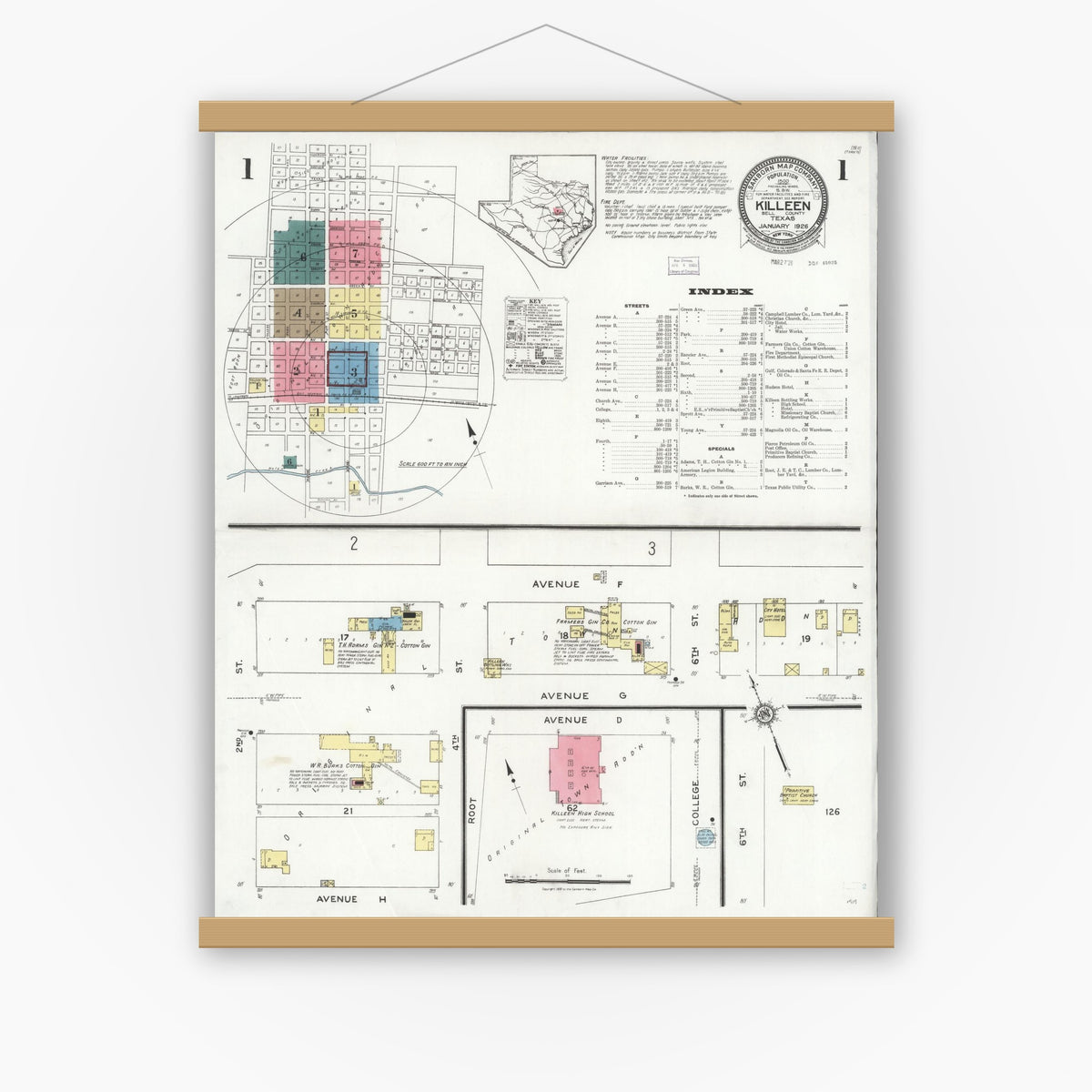 Old map wall art mockup — magnetic wood frame on white wall — Sanborn Fire Insurance Map from Killeen, Bell County, Texas (1926) - Complete Map Set