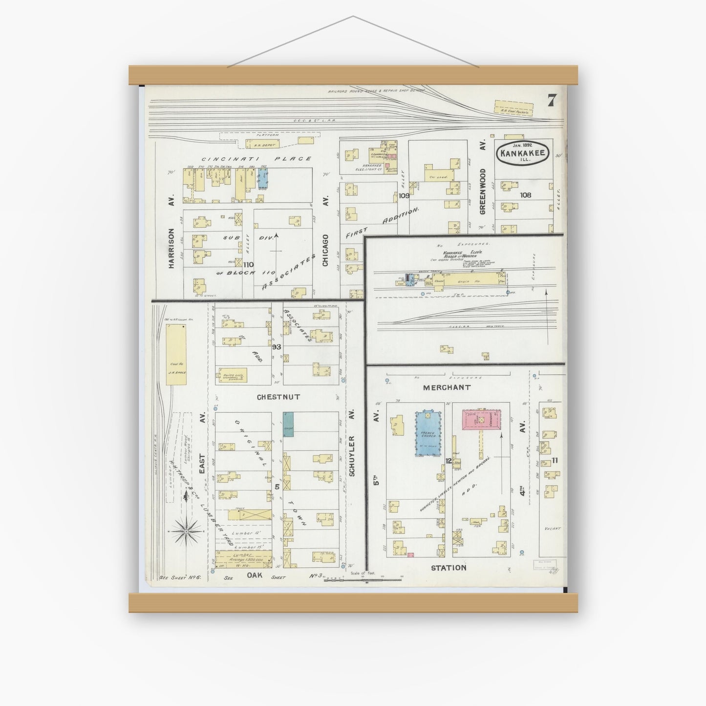 Old map wall art mockup — magnetic wood frame on white wall — Sanborn Fire Insurance Map from Kankakee, Kankakee County, Illinois (1892), Sheet #0007