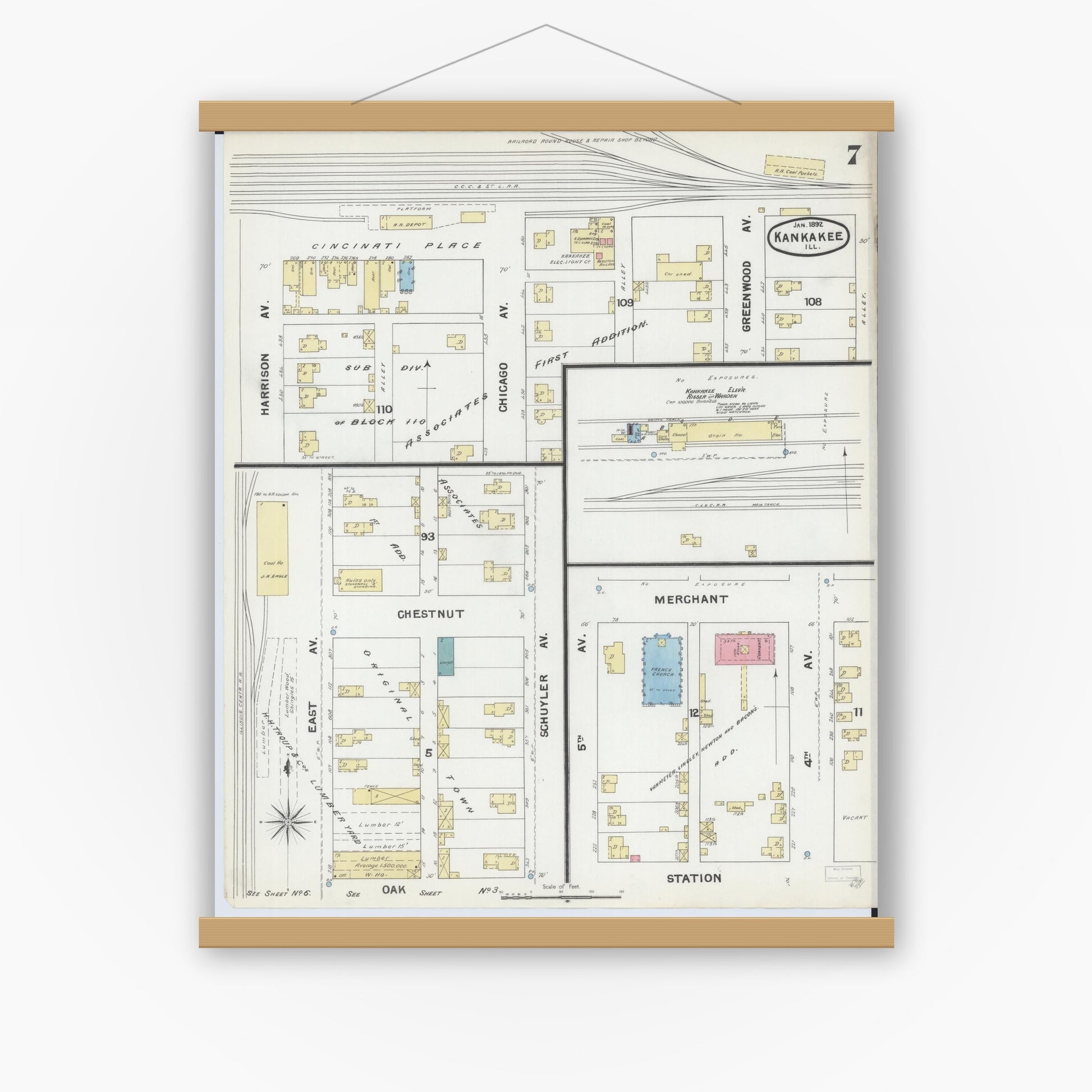 Old map wall art mockup — magnetic wood frame on white wall — Sanborn Fire Insurance Map from Kankakee, Kankakee County, Illinois (1892), Sheet #0007