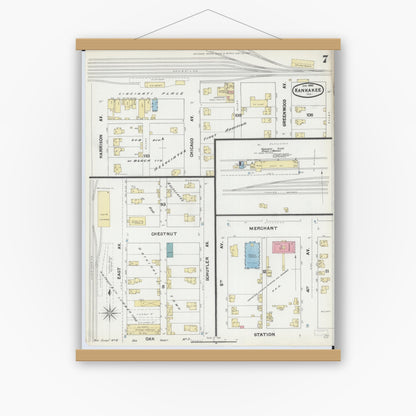 Old map wall art mockup — magnetic wood frame on white wall — Sanborn Fire Insurance Map from Kankakee, Kankakee County, Illinois (1892), Sheet #0007