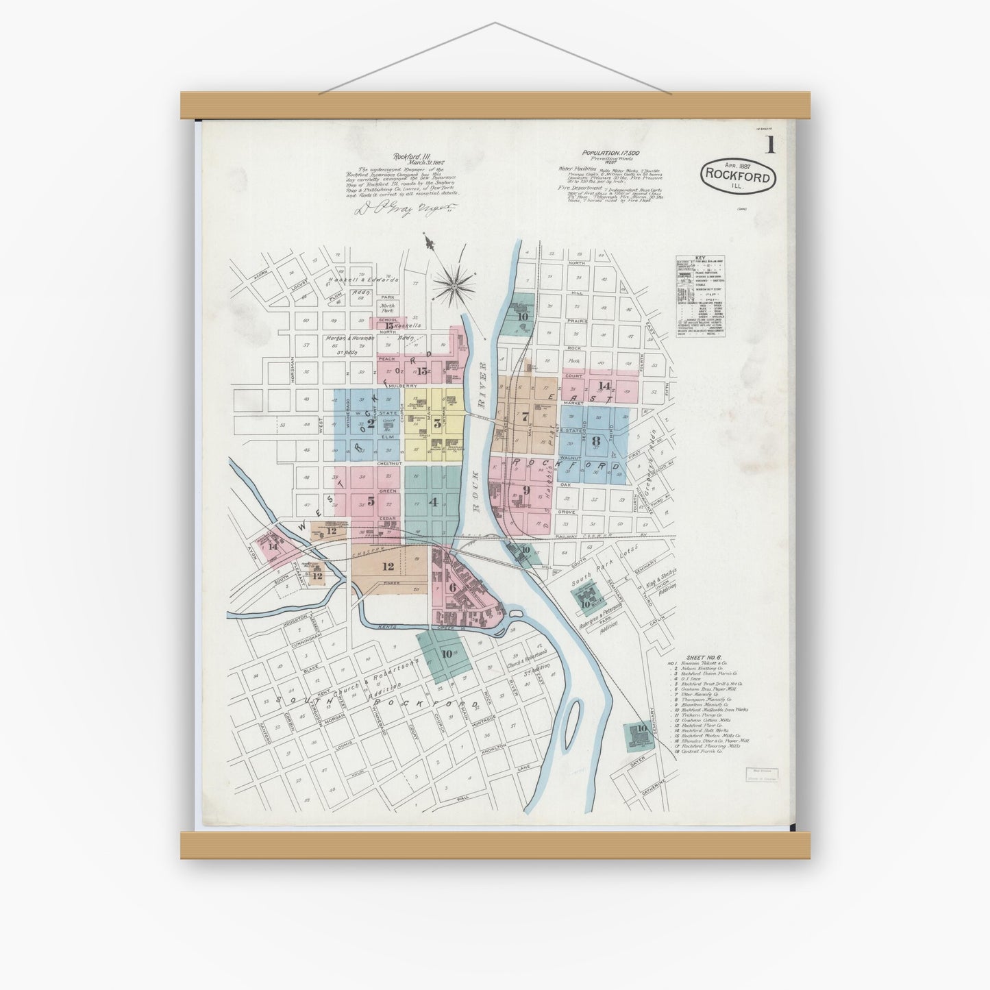Old map wall art mockup — magnetic wood frame on white wall — Sanborn Fire Insurance Map from Rockford, Winnebago County, Illinois (1887) - Complete Map Set