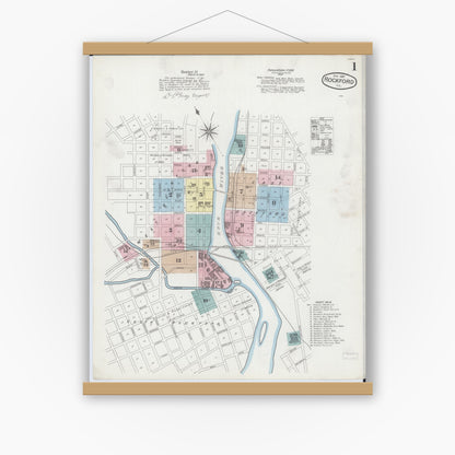 Old map wall art mockup — magnetic wood frame on white wall — Sanborn Fire Insurance Map from Rockford, Winnebago County, Illinois (1887) - Complete Map Set