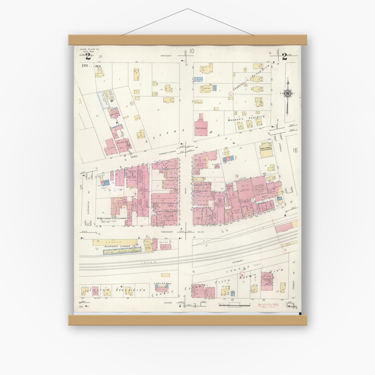 Old map wall art mockup — magnetic wood frame on white wall — Sanborn Fire Insurance Map from Glen Ellyn, Du Page County, Illinois (1946), Sheet #0002