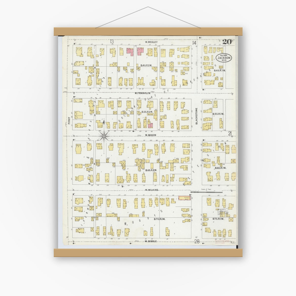 Old map wall art mockup — magnetic wood frame on white wall — Sanborn Fire Insurance Map from Jackson, Jackson County, Michigan (1899), Sheet #0020