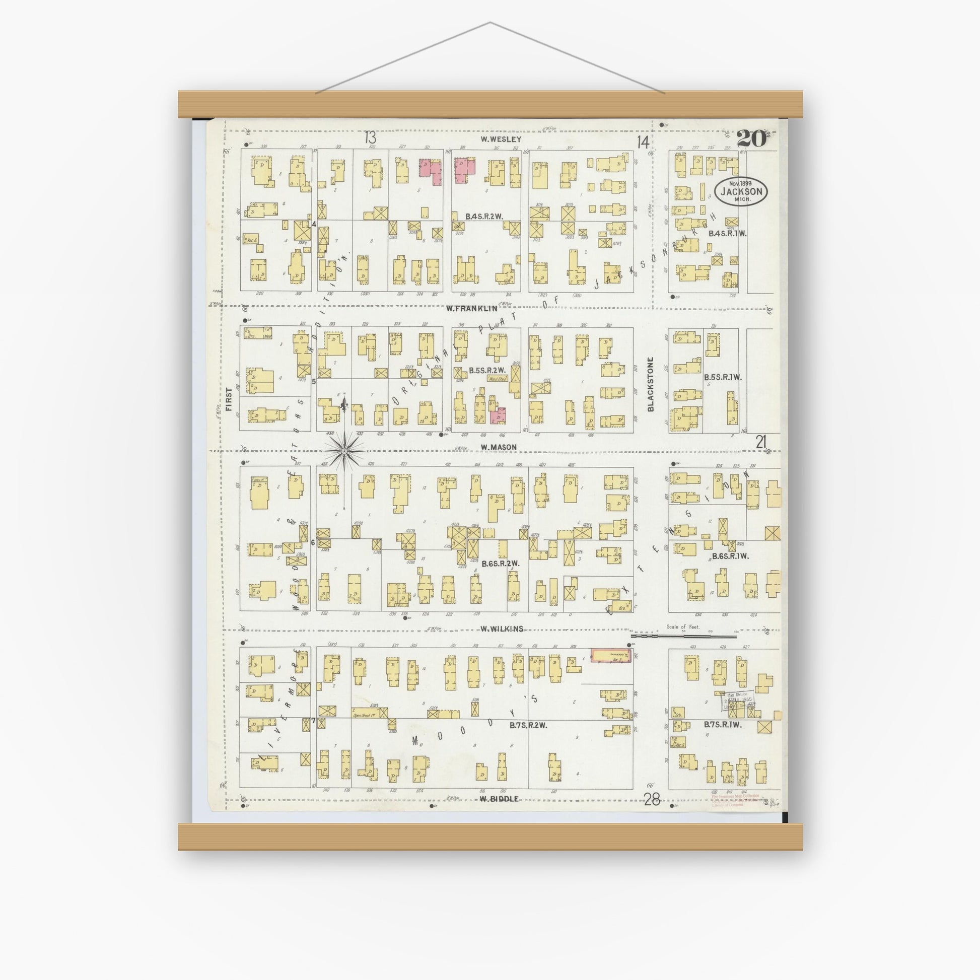 Old map wall art mockup — magnetic wood frame on white wall — Sanborn Fire Insurance Map from Jackson, Jackson County, Michigan (1899), Sheet #0020
