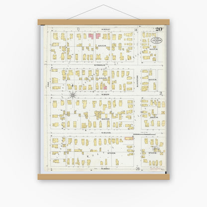 Old map wall art mockup — magnetic wood frame on white wall — Sanborn Fire Insurance Map from Jackson, Jackson County, Michigan (1899), Sheet #0020