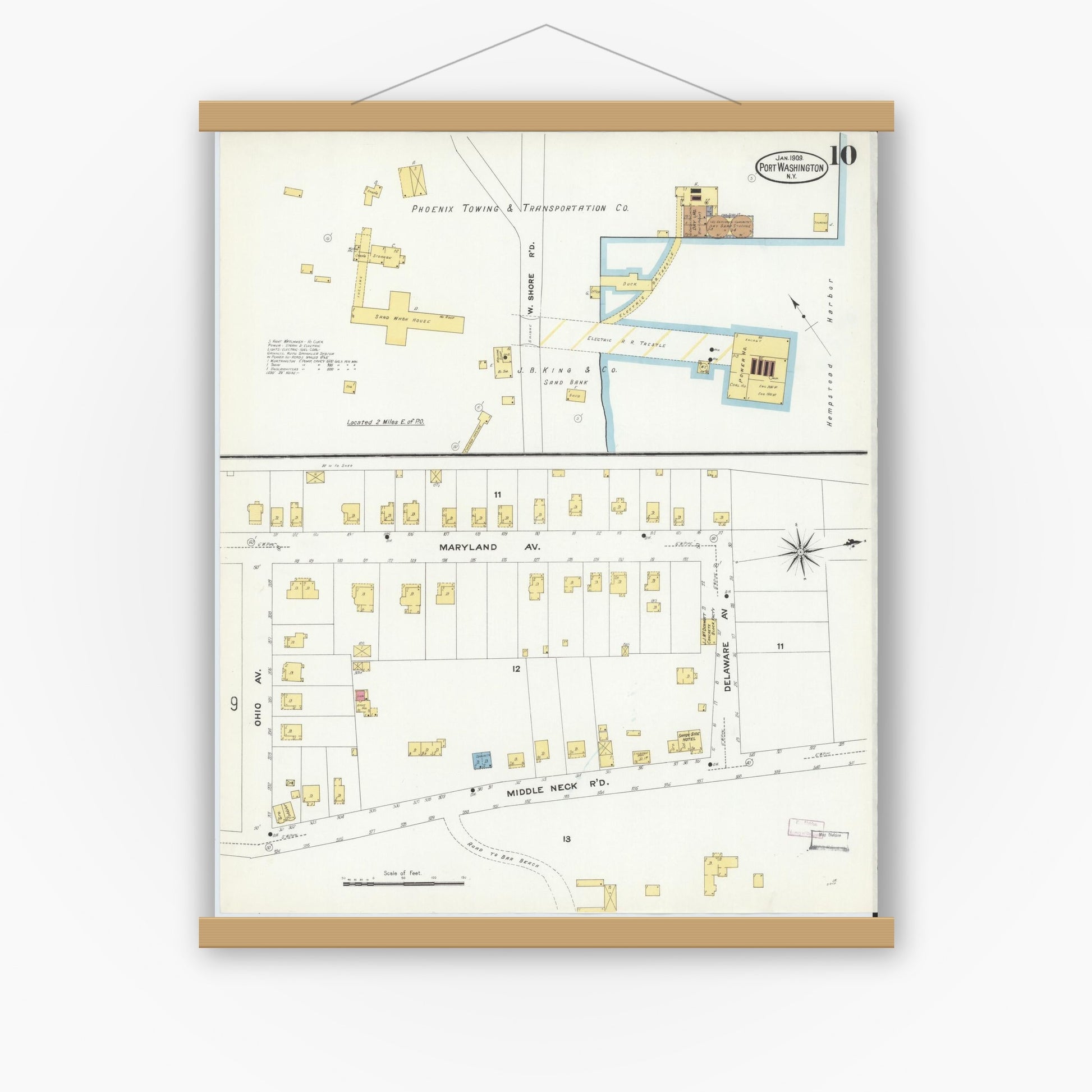 Old map wall art mockup — magnetic wood frame on white wall — Sanborn Fire Insurance Map from Port Washington, Nassau County, New York (1909), Sheet #0010