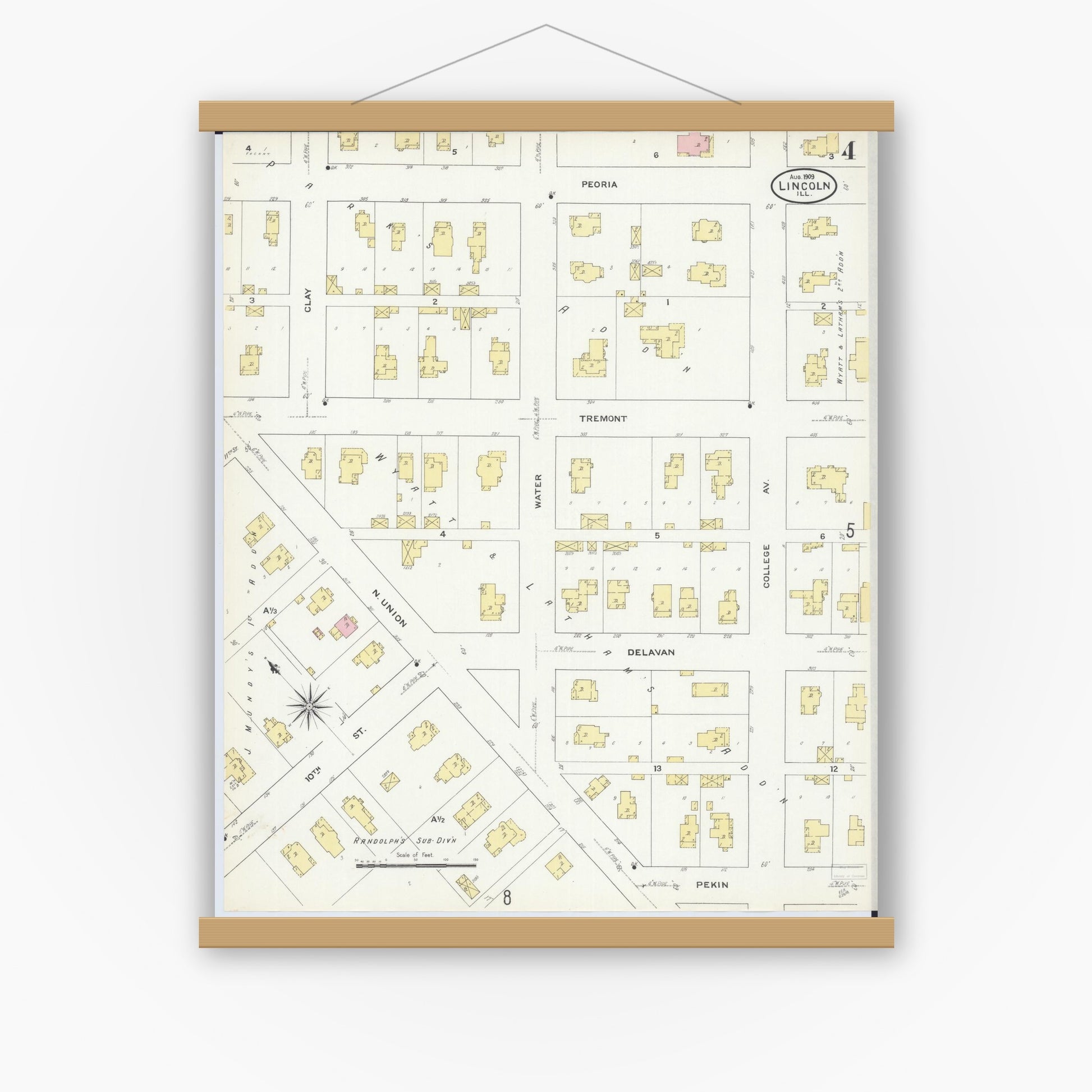 Old map wall art mockup — magnetic wood frame on white wall — Sanborn Fire Insurance Map from Lincoln, Logan County, Illinois (1909), Sheet #0004