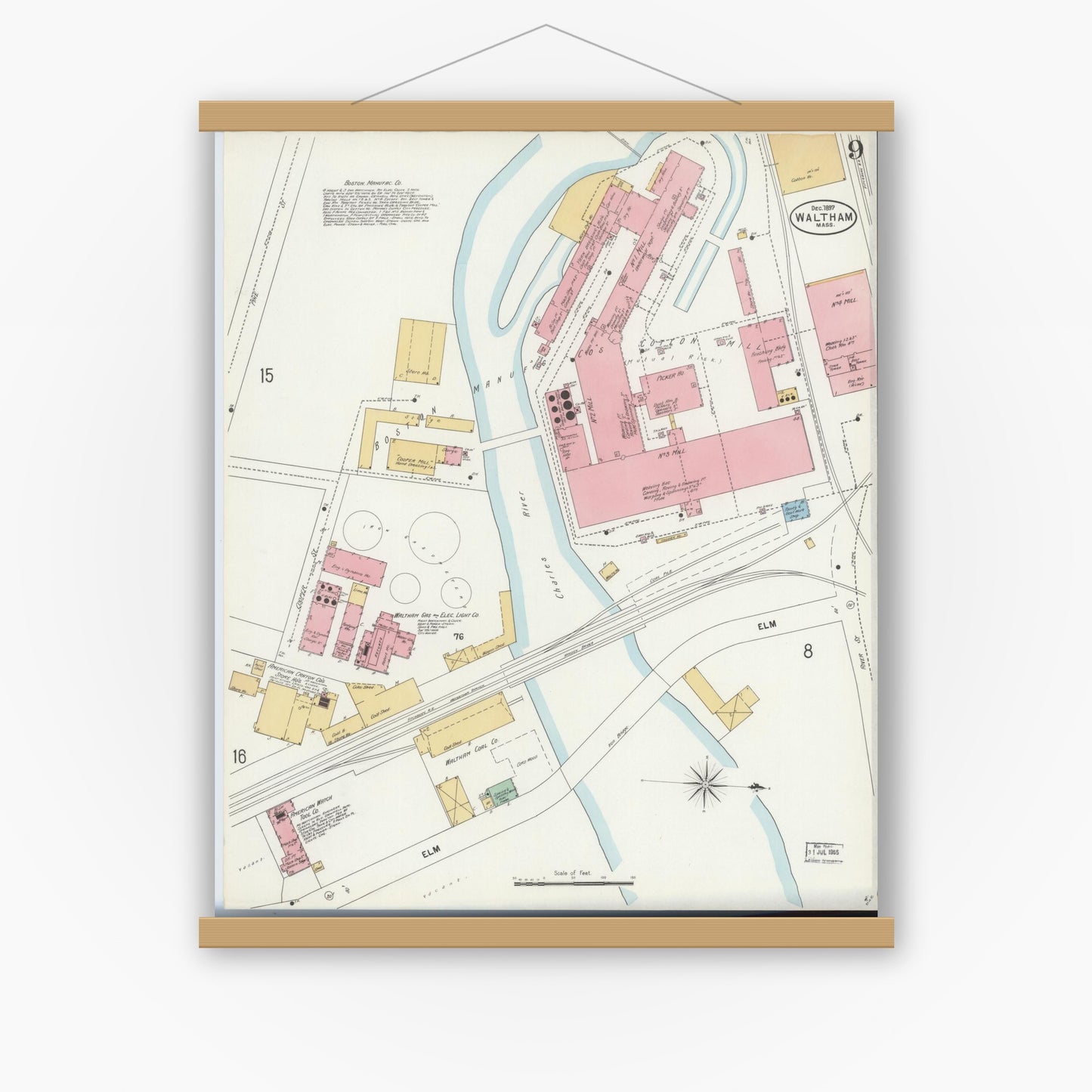 Old map wall art mockup — magnetic wood frame on white wall — Sanborn Fire Insurance Map from Waltham, Middlesex County, Massachusetts (1897), Sheet #0009