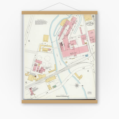 Old map wall art mockup — magnetic wood frame on white wall — Sanborn Fire Insurance Map from Waltham, Middlesex County, Massachusetts (1897), Sheet #0009
