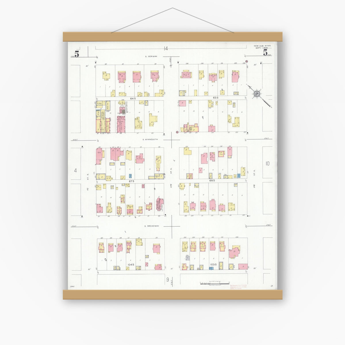 Old map wall art mockup — magnetic wood frame on white wall — Sanborn Fire Insurance Map from New Ulm, Brown County, Minnesota (1935), Sheet #0005