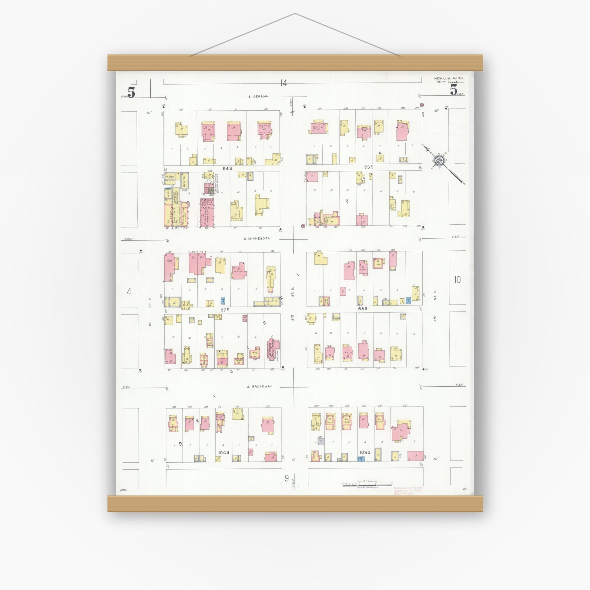 Old map wall art mockup — magnetic wood frame on white wall — Sanborn Fire Insurance Map from New Ulm, Brown County, Minnesota (1935), Sheet #0005