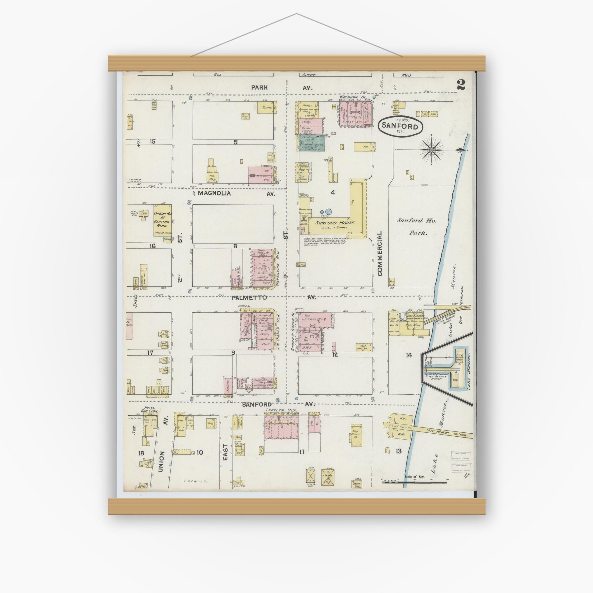 Old map wall art mockup — magnetic wood frame on white wall — Sanborn Fire Insurance Map from Sanford, Seminole County, Florida (1890), Sheet #0002