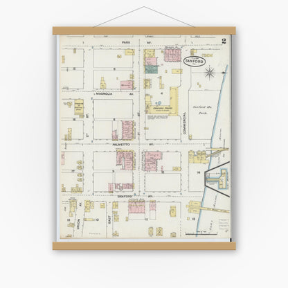 Old map wall art mockup — magnetic wood frame on white wall — Sanborn Fire Insurance Map from Sanford, Seminole County, Florida (1890), Sheet #0002
