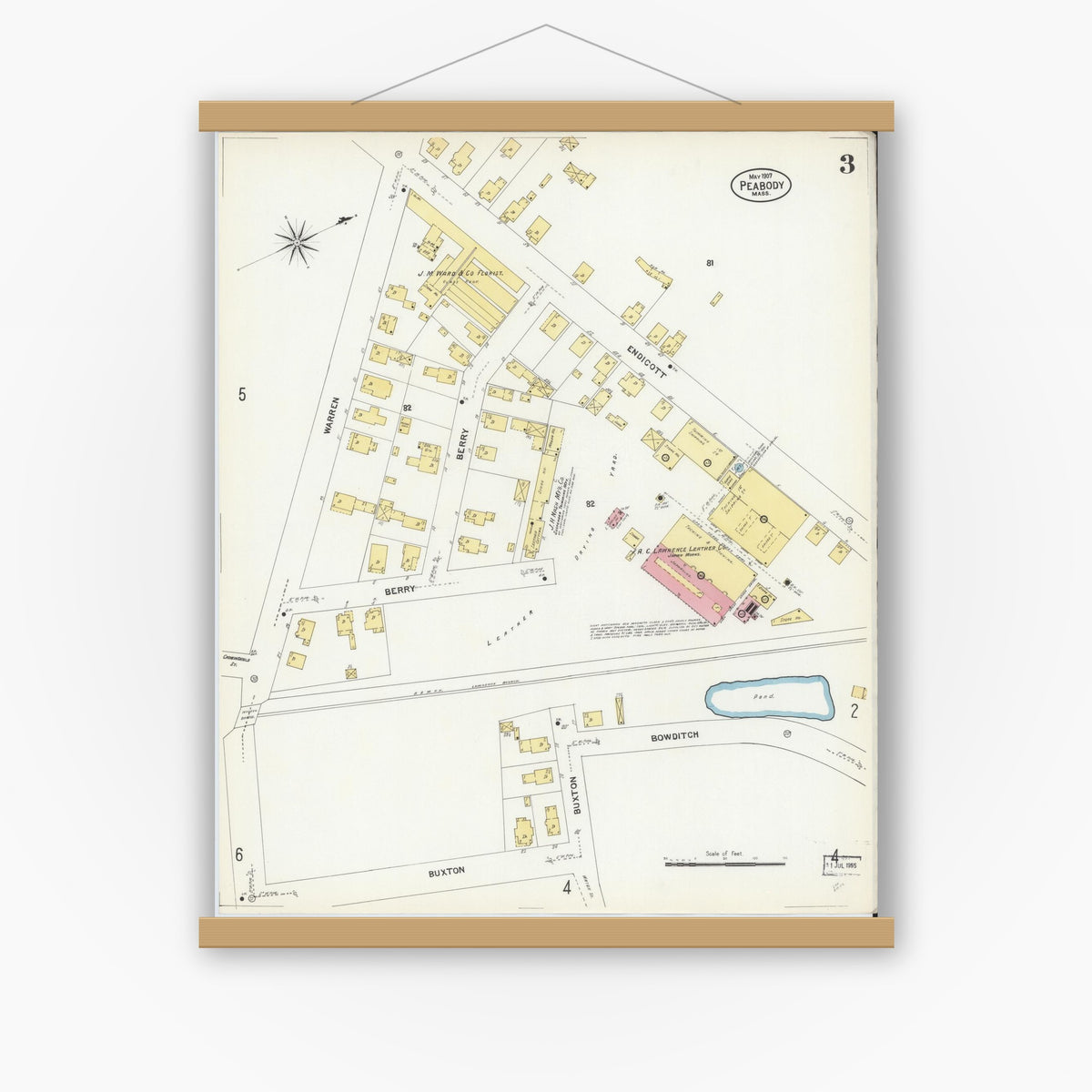 Old map wall art mockup — magnetic wood frame on white wall — Sanborn Fire Insurance Map from Peabody, Essex County, Massachusetts (1907), Sheet #0003
