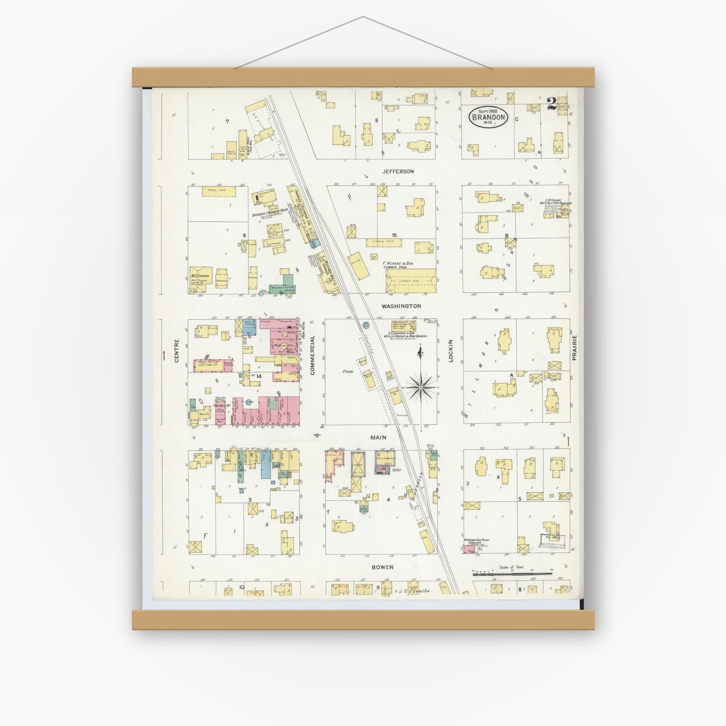 Old map wall art mockup — magnetic wood frame on white wall — Sanborn Fire Insurance Map from Brandon, Fond du Lac County, Wisconsin (1908), Sheet #0002