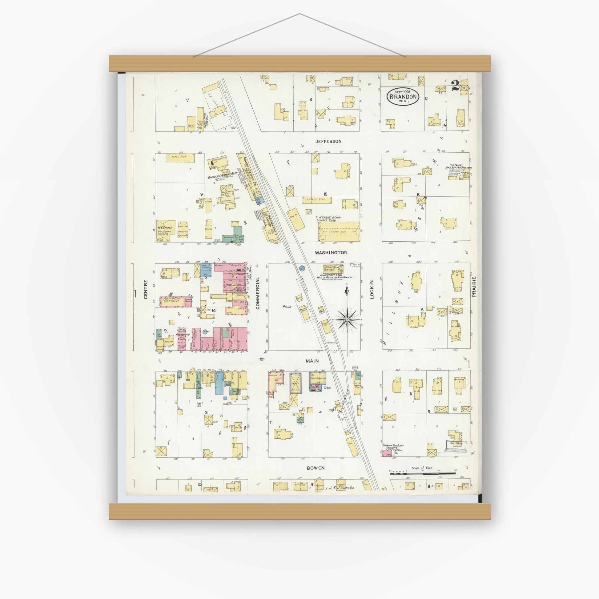Old map wall art mockup — magnetic wood frame on white wall — Sanborn Fire Insurance Map from Brandon, Fond du Lac County, Wisconsin (1908), Sheet #0002