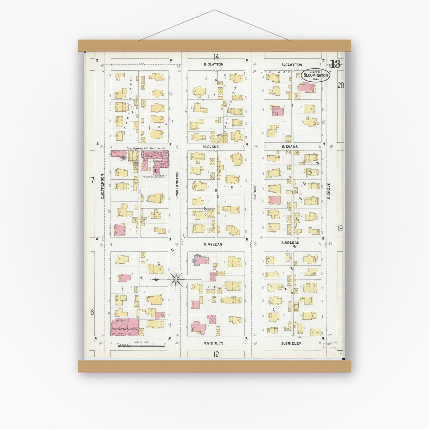 Old map wall art mockup — magnetic wood frame on white wall — Sanborn Fire Insurance Map from Bloomington, McLean County, Illinois (1901), Sheet #0013