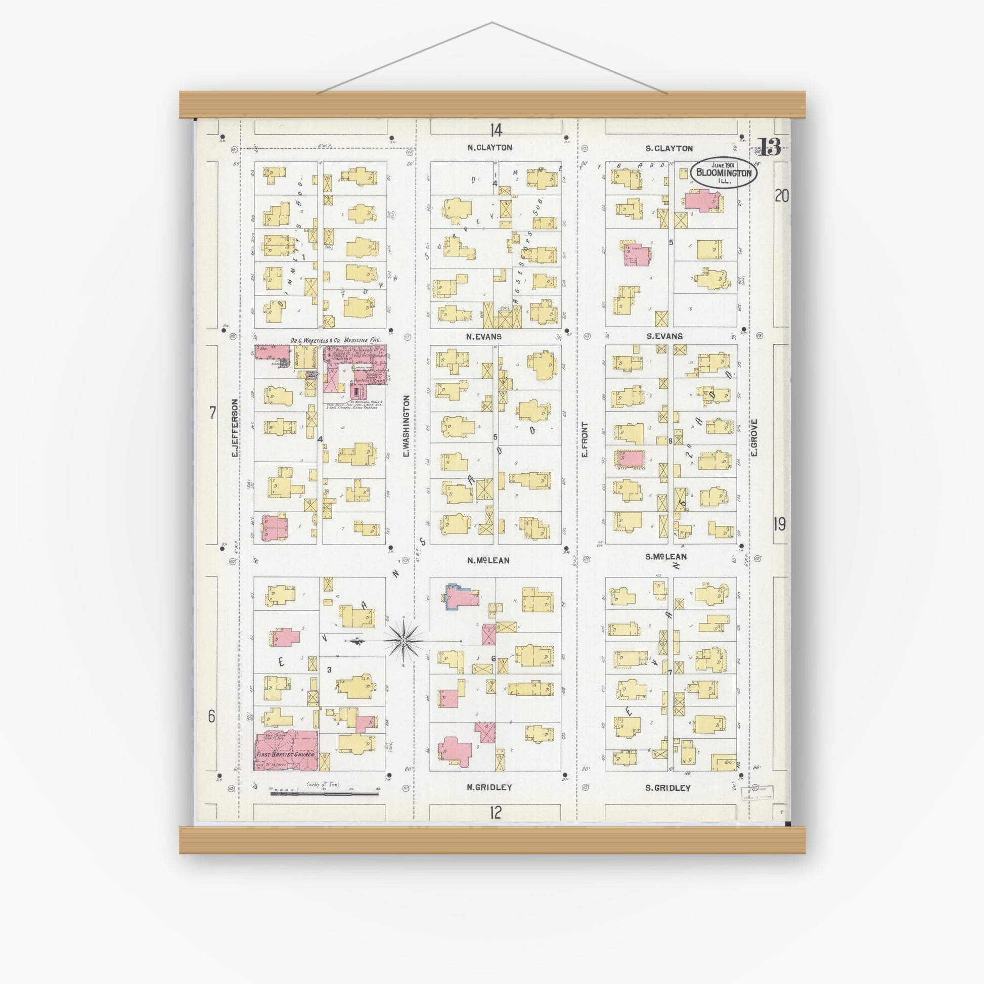 Old map wall art mockup — magnetic wood frame on white wall — Sanborn Fire Insurance Map from Bloomington, McLean County, Illinois (1901), Sheet #0013