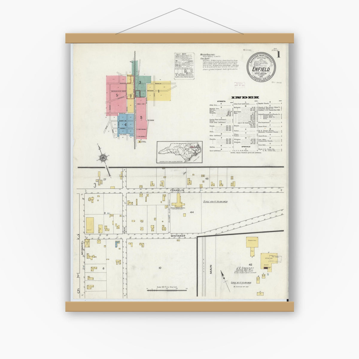 Old map wall art mockup — magnetic wood frame on white wall — Sanborn Fire Insurance Map from Enfield, Halifax County, North Carolina (1915) - Complete Map Set