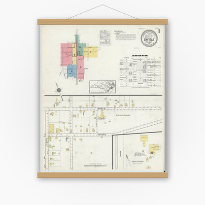 Old map wall art mockup — magnetic wood frame on white wall — Sanborn Fire Insurance Map from Enfield, Halifax County, North Carolina (1915) - Complete Map Set