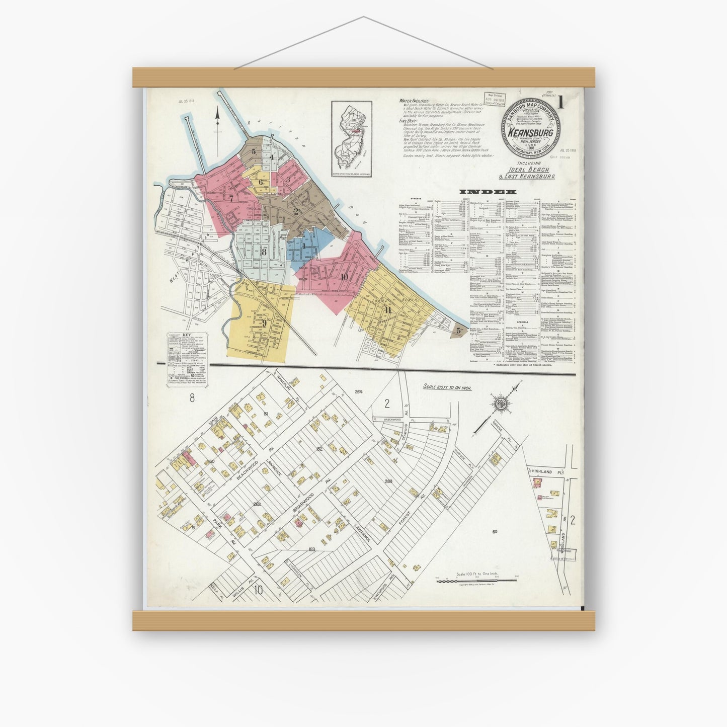Old map wall art mockup — magnetic wood frame on white wall — Sanborn Fire Insurance Map from Keansburg, Monmouth County, New Jersey (1918), Sheet #0001