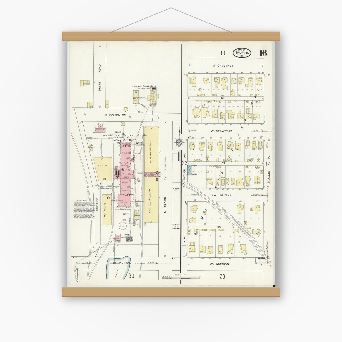 Old map wall art mockup — magnetic wood frame on white wall — Sanborn Fire Insurance Map from Denison, Grayson County, Texas (1914), Sheet #0016