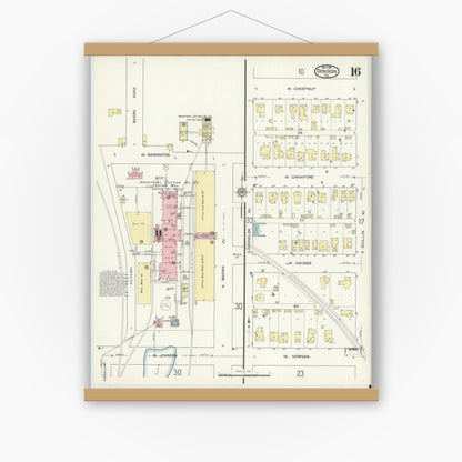 Old map wall art mockup — magnetic wood frame on white wall — Sanborn Fire Insurance Map from Denison, Grayson County, Texas (1914), Sheet #0016