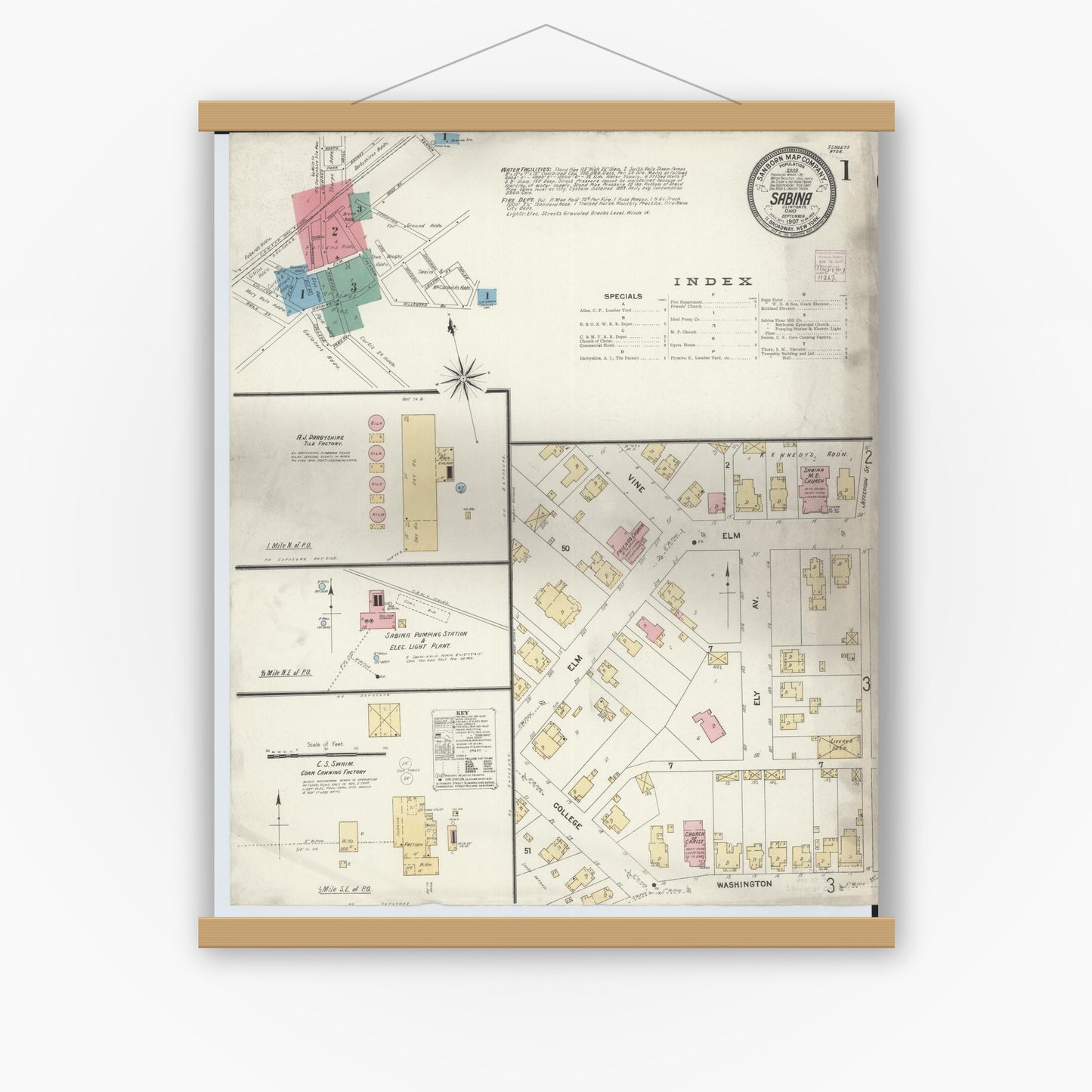 Old map wall art mockup — magnetic wood frame on white wall — Sanborn Fire Insurance Map from Sabina, Clinton County, Ohio (1907) - Complete Map Set