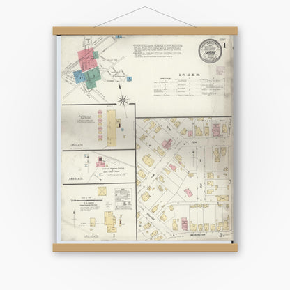 Old map wall art mockup — magnetic wood frame on white wall — Sanborn Fire Insurance Map from Sabina, Clinton County, Ohio (1907) - Complete Map Set