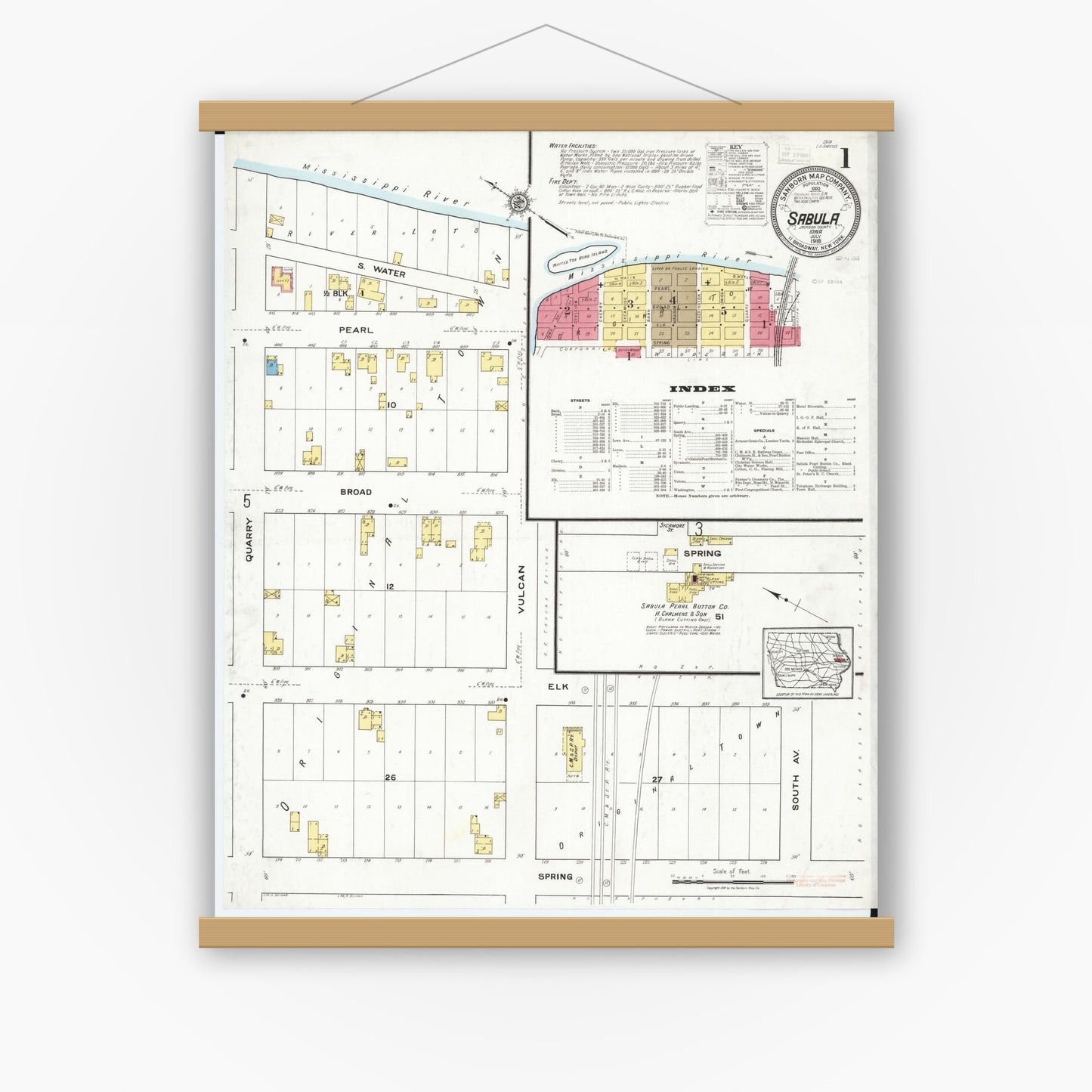 Old map wall art mockup — magnetic wood frame on white wall — Sanborn Fire Insurance Map from Sabula, Jackson County, Iowa (1918), Sheet #0001
