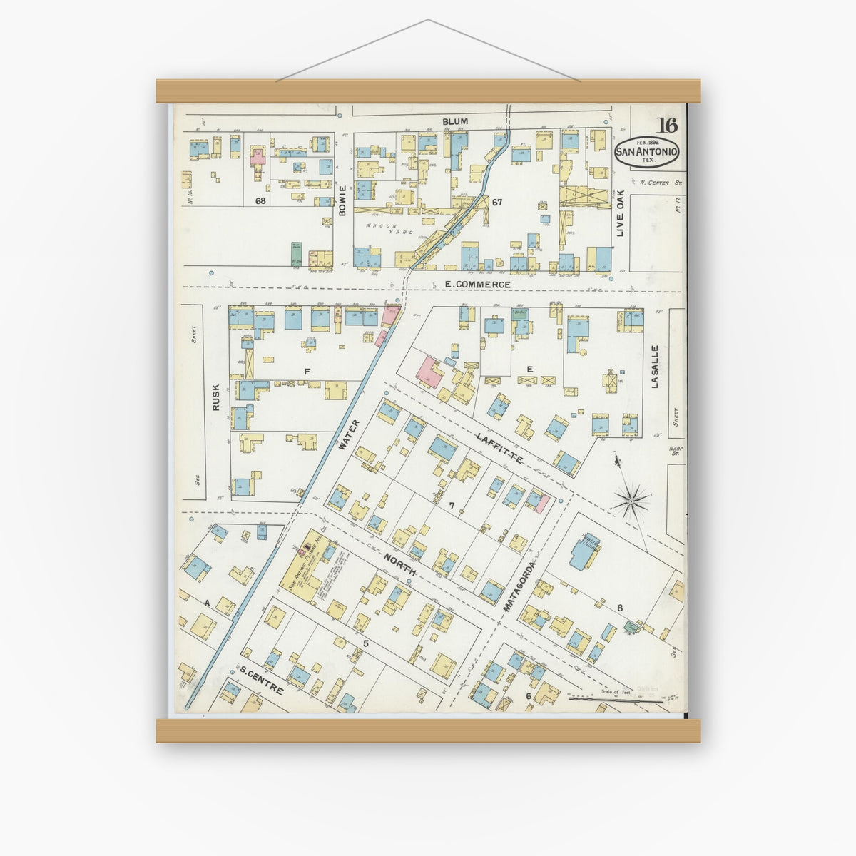 Old map wall art mockup — magnetic wood frame on white wall — Sanborn Fire Insurance Map from San Antonio, Bexar County, Texas (1892), Sheet #0016