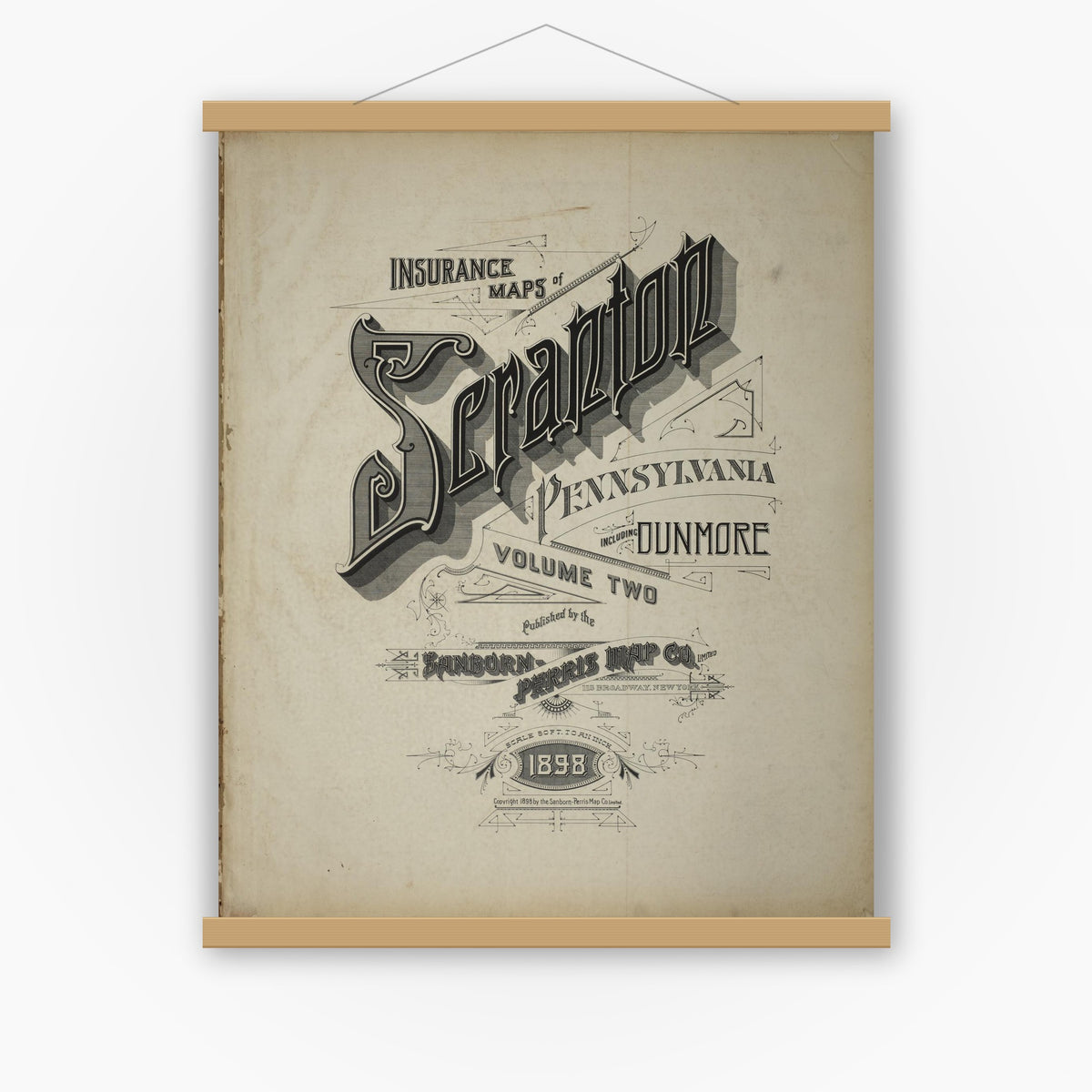 Old map wall art mockup — magnetic wood frame on white wall — Sanborn Fire Insurance Map from Scranton, Lackawanna County, Pennsylvania (1898), Sheet #0001