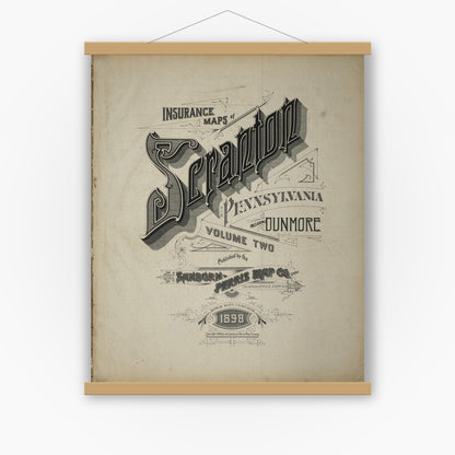Old map wall art mockup — magnetic wood frame on white wall — Sanborn Fire Insurance Map from Scranton, Lackawanna County, Pennsylvania (1898), Sheet #0001